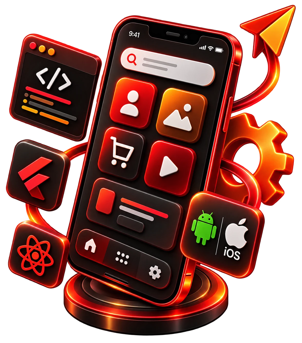 Mobile app illustration with phone, Android and iOS badges