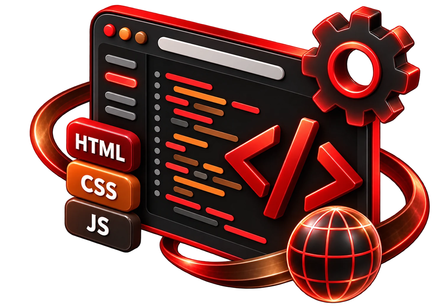 Web development illustration with HTML, CSS and JS code window